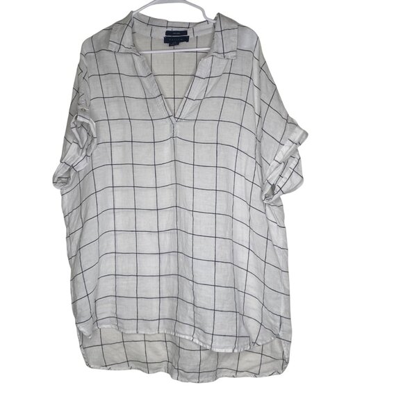 Tahari 100% Linen Tunic Top Womens 1X White Black Windowpane High Low Coastal Be - Picture 1 of 9